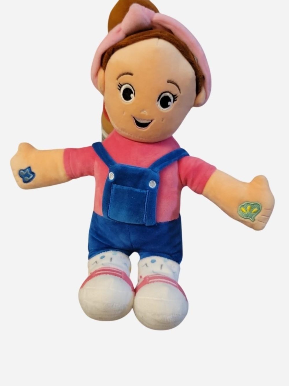 Plush Girl Doll in Pink Top and Blue Overalls - Soft Cuddly Toy